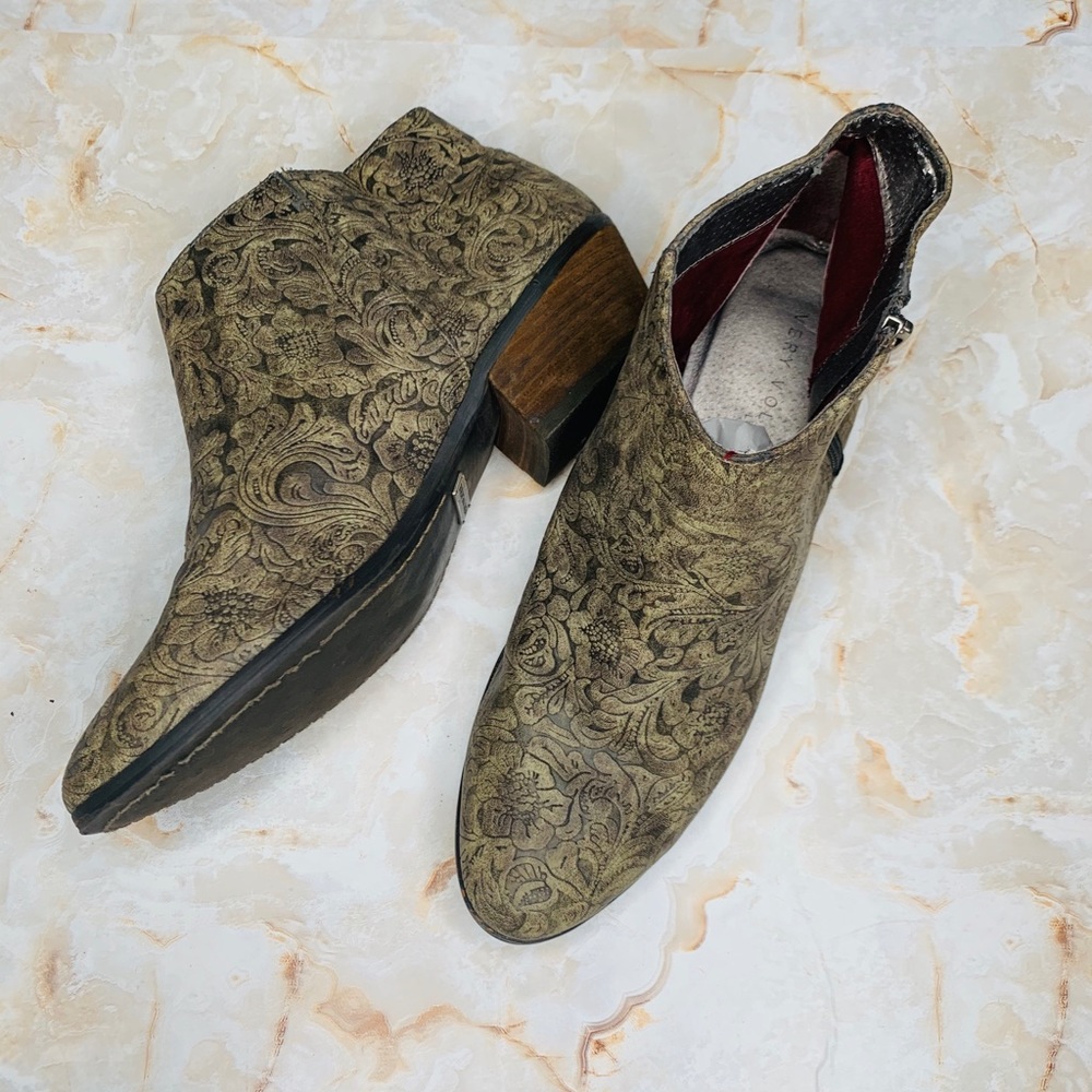 Very Volatile Booties - Floral Embossed Olive Taupe Side Zip Booties 7